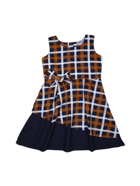 

Doodle Girls Navy Blue & Brown Checked Fit and Flare Dress