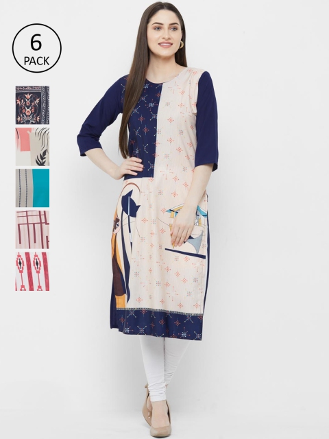 

7Threads Women Set of 6 Multicoloured Printed Straight Kurta, Multi