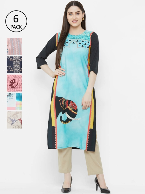

7Threads Women Set of 6 Multicoloured Printed Straight Kurta, Multi