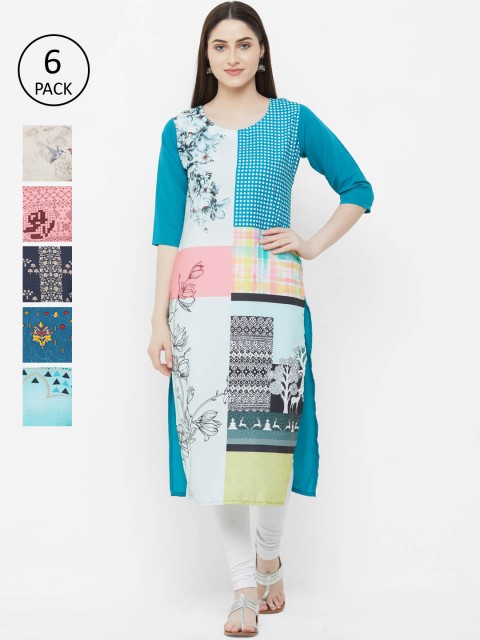 

7Threads Women Multicoloured Pack of 6 Printed Straight Kurta, Multi