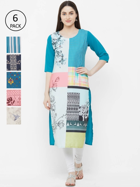 

7Threads Women Set of 6 Multicoloured Printed Straight Kurta, Multi