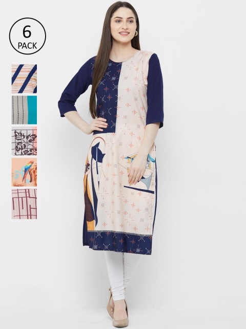 

7Threads Women Set of 6 Multicoloured Printed Straight Kurta, Multi