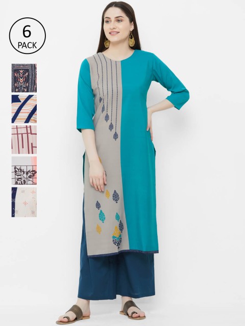

7Threads Women Set of 6 Multicoloured Printed Straight Kurta, Multi