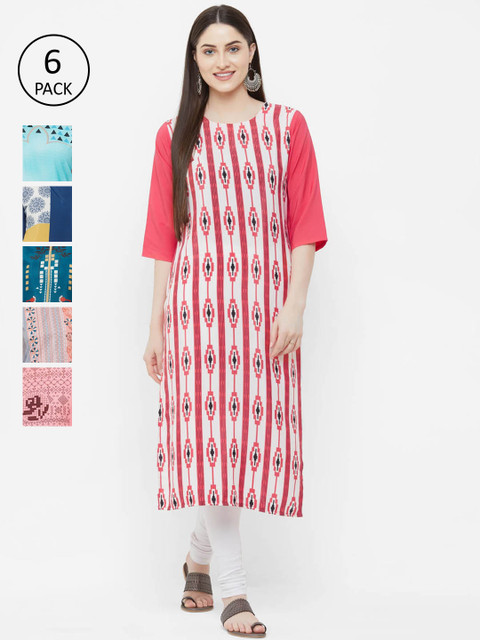 

7Threads Women Pack Of 6 Printed Straight Kurtas, Multi