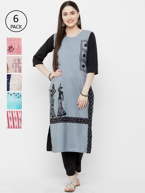 

7Threads Women Pack of 6 Printed Straight Kurta, Grey