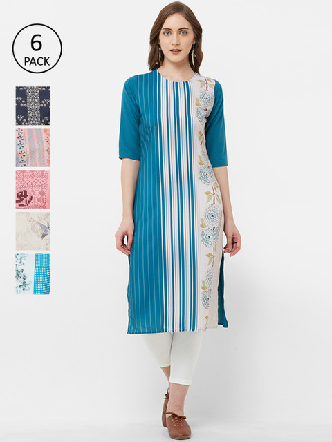

7Threads Women Pack Of 6 Printed Straight Kurta, Multi