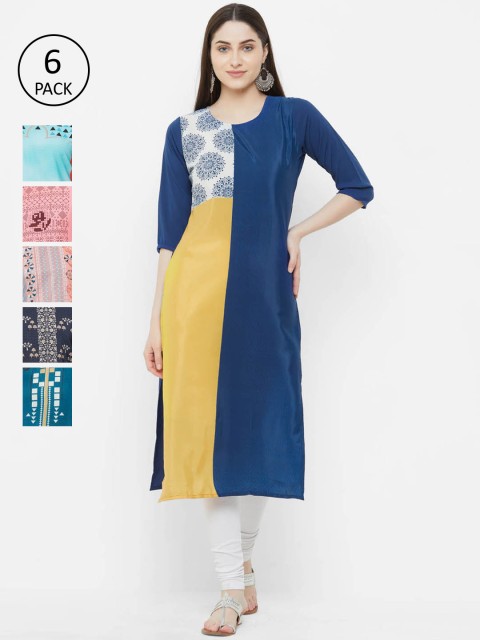 

7Threads Women Pack of 6 Straight Kurtas, Blue