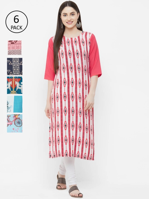 

7Threads Women Pack of 6 Printed Straight Kurtas, Multi