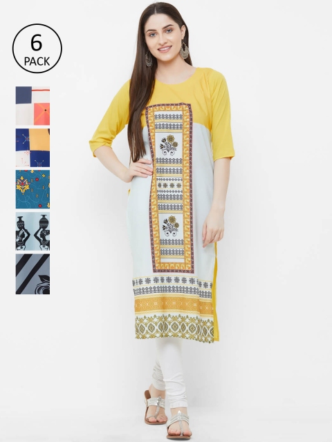 

7Threads Women Set Of 6 White & Blue Printed Straight Kurta