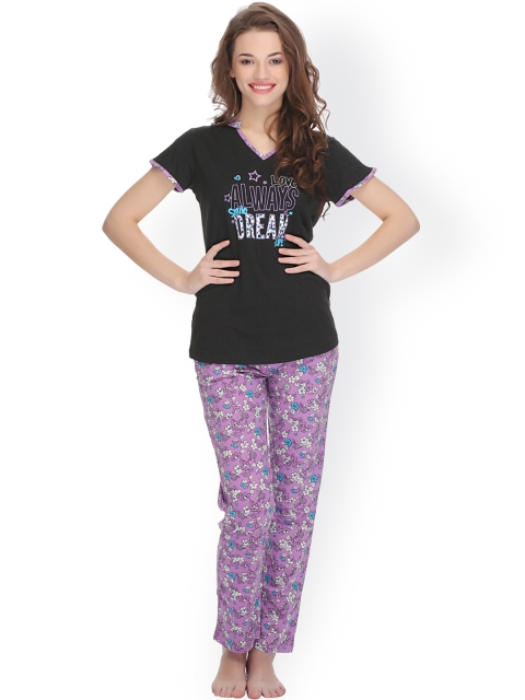 

Clovia Black & Purple Printed Pyjama Set LS0002P12