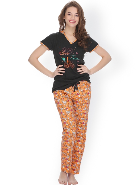 

Clovia Black & Orange Printed Pyjama Set LS0002P16