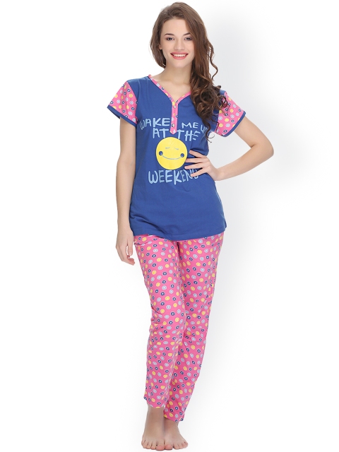 

Clovia Blue & Pink Printed Pyjama Set LS0005P03