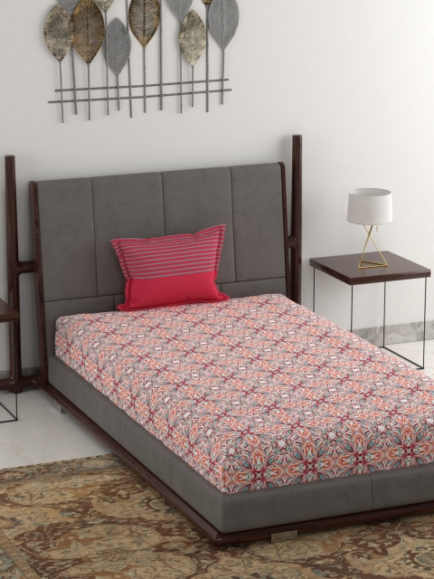 

Trident Green & Orange Floral 120 TC Cotton 1 Single Bedsheet with 1 Pillow Covers