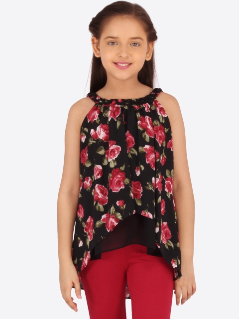 

CUTECUMBER Girls Black & Red Floral Printed High-Low Top