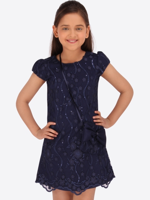 

CUTECUMBER Girls Navy Blue Embellished Sheath Dress With Bag