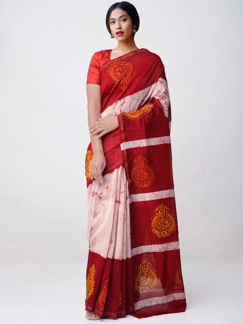 

Unnati Silks Red & Pink Silk Cotton Batik Printed Chanderi Saree