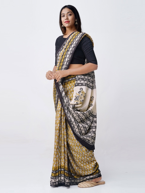 

Unnati Silks Yellow & Off-White Rajasthani Art Silk Printed Bagru Handloom Saree