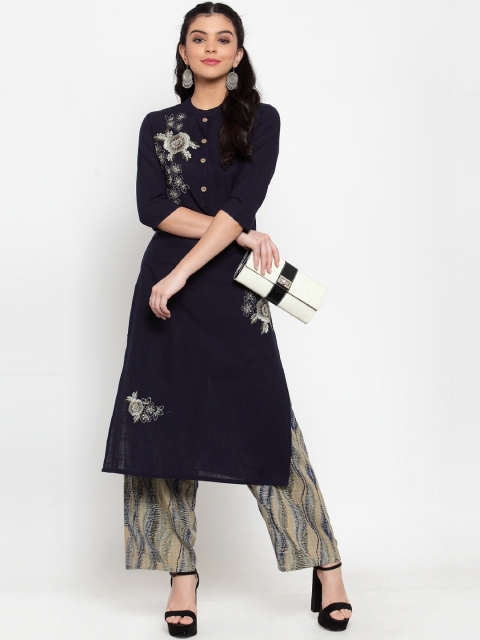 

ANAISA Women Navy Blue & Beige Embroidered Kurta with Palazzos