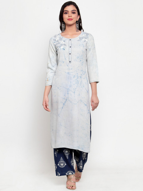 

ANAISA Women White & Blue Embroidered Kurta with Palazzos