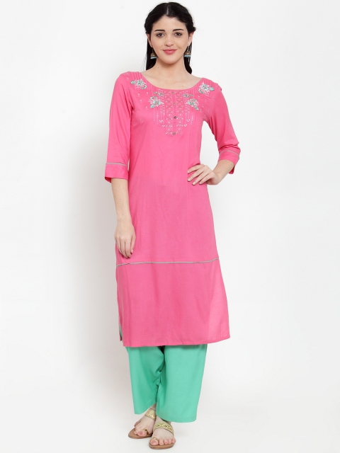 

ANAISA Women Pink & Green Embroidered Kurta with Trousers