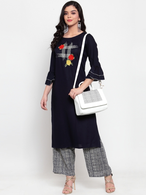 

ANAISA Women Navy Blue & White Rayon Embroidery Kurta with Palazzos