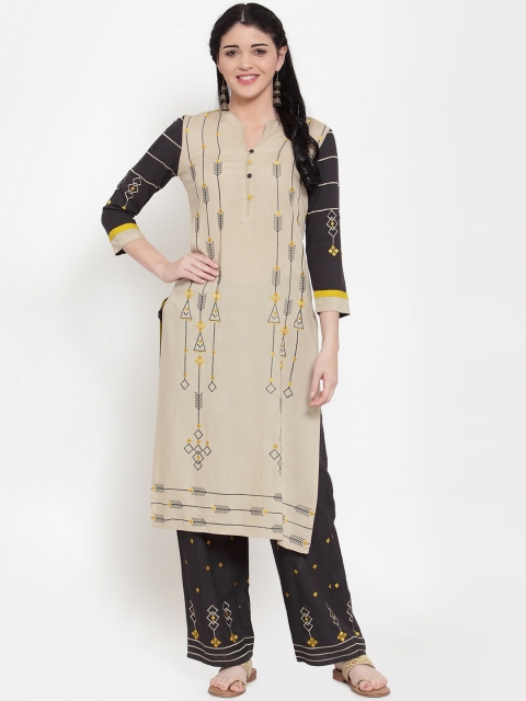 

ANAISA Women Beige & Black Rayon Embroidery Kurta With Trouser