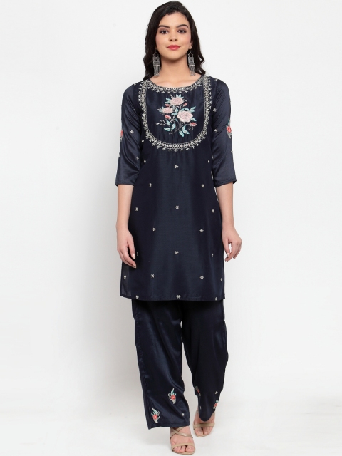 

ANAISA Women Navy Blue Embroidered Kurta with Trousers