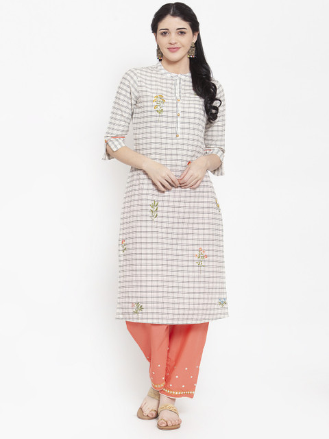 

ANAISA Women White & Orange Embroidered Kurta with Trousers