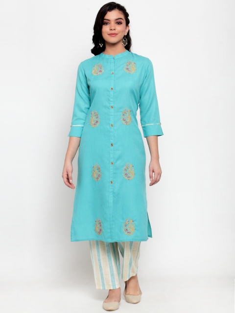 

ANAISA Women Turquoise Blue & Off-White Embroidered Kurta with Trousers