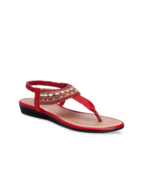 

Khadims Women Red & Camel Brown Embellished T-Strap Flats