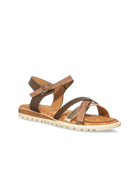 

Khadims Women Brown & Bronze-Toned Colourblocked Open Toe Flats
