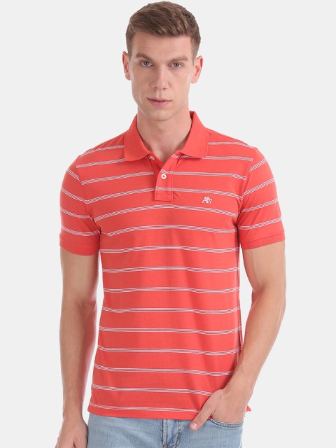 

Aeropostale Men Orange & White Striped Polo Collar T-shirt