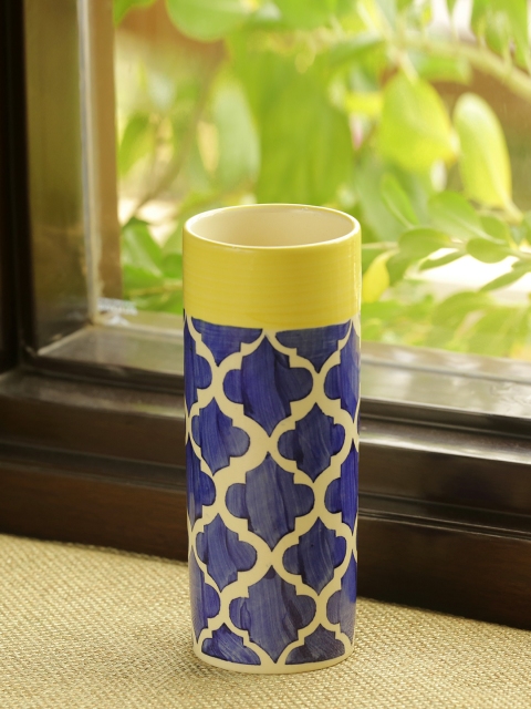 

ExclusiveLane Blue & Yellow The Big-Straight Moroccan Handpainted Ceramic Vase