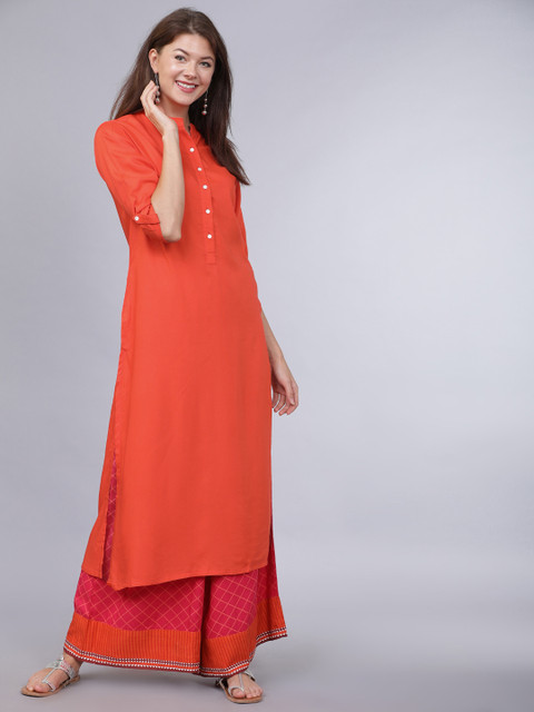 

Folklore Women Orange Solid Straight Kurta