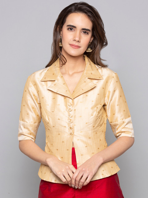 

Desi Weavess Women Beige Striped Shirt Style Top