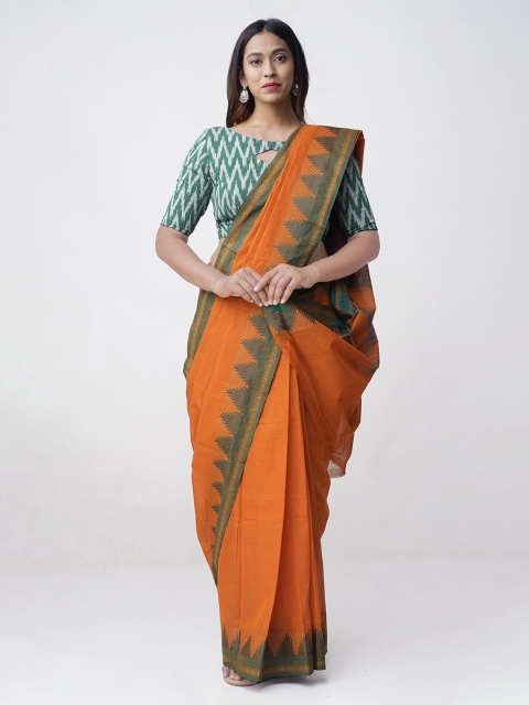 

Unnati Silks Orange & Green Pure Cotton Handloom Woven Design Kanjeevaram Saree