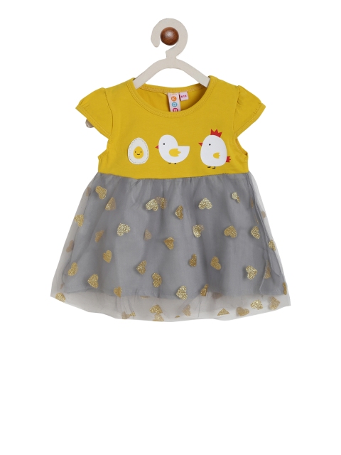 

Kids On Board Girls Mustard Yellow & Grey Heart Printed A-Line Dress