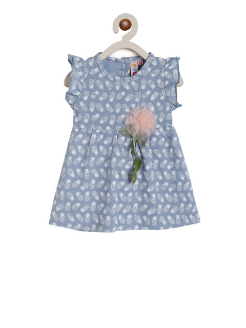 

Kids On Board Girls Blue & White Pineapple Printed Fit and Flare Dress