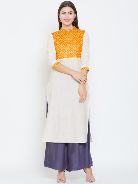 

rangeelo rajasthan Women Yellow & Off-White Printed Straight Kurta