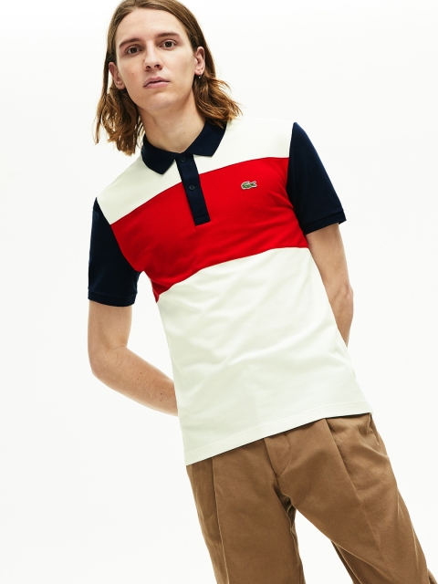 

Lacoste Men Cream-Coloured & Red Colourblocked Polo Collar T-shirt