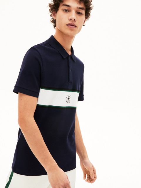 

Lacoste Men Navy Blue & White Striped Polo Collar T-shirt