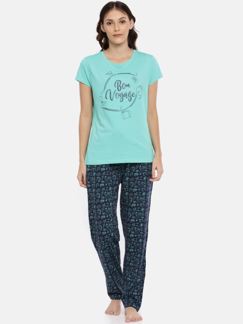 

Ellete Women Green & Navy Blue Printed Night Suit EPJ070