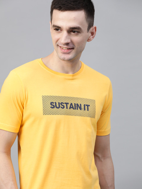 

Mast & Harbour Men Mustard Yellow & Navy Blue Printed Round Neck T-shirt