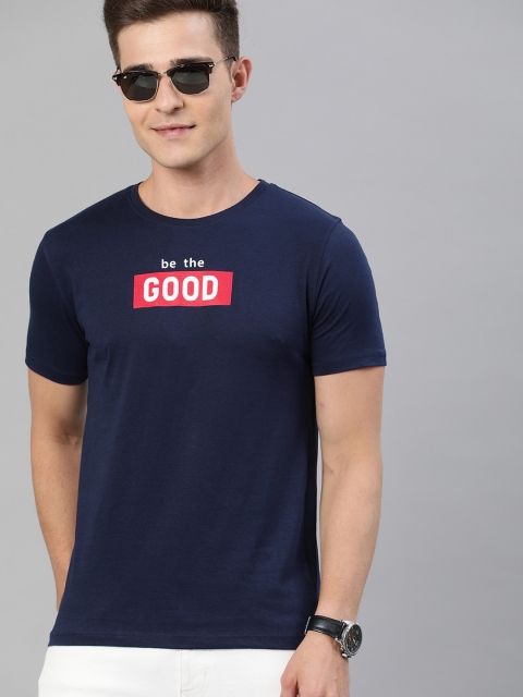 

Mast & Harbour Men Navy Blue Solid Round Neck T-shirt With Printed Detailing