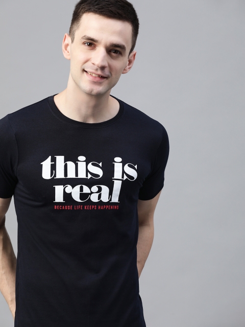 

Mast & Harbour Men Navy Blue & White Typography Printed Round Neck T-shirt