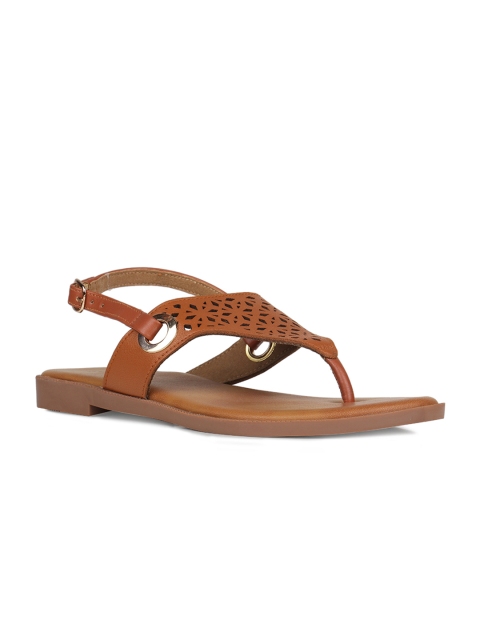 

Rocia Women Tan Brown Laser Cut Textured T-Strap Flats