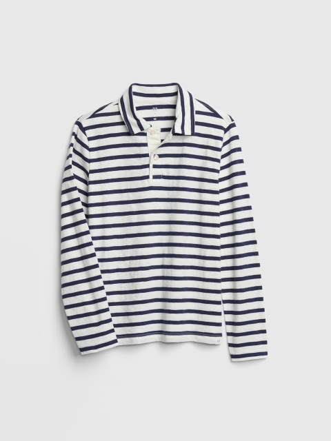 

GAP Boys White & Navy Blue Striped Polo Collar T-shirt