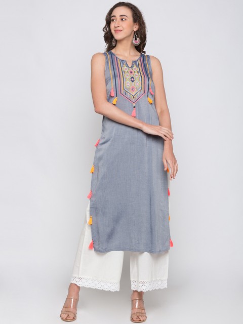 

Globus Women Blue Embroidered Straight Kurta