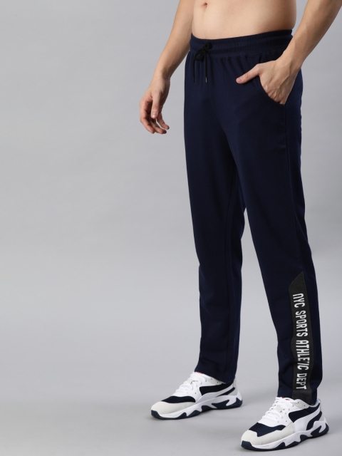 

HERE&NOW Men Navy Blue Solid Track Pants with Printed Detail