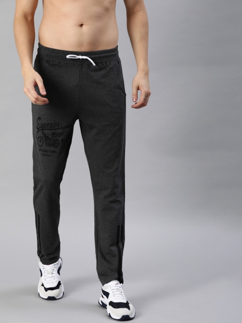 

HERE&NOW Men Charcoal Grey Solid Track Pants with Printed Detail & Side Stripes